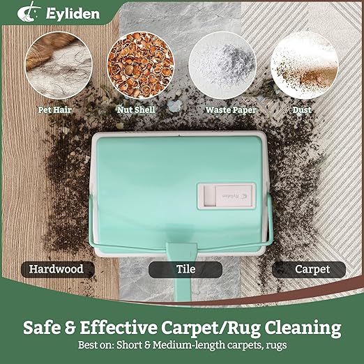 Eyliden X-Large Carpet Sweeper - Quiet Manual Sweeper for Carpets &amp Rugs | 1 Extra Refill Roller Brush | Non-Electric Hand Push Quietly Cleans Debris and Messes Restaurant Roller Broom Mint