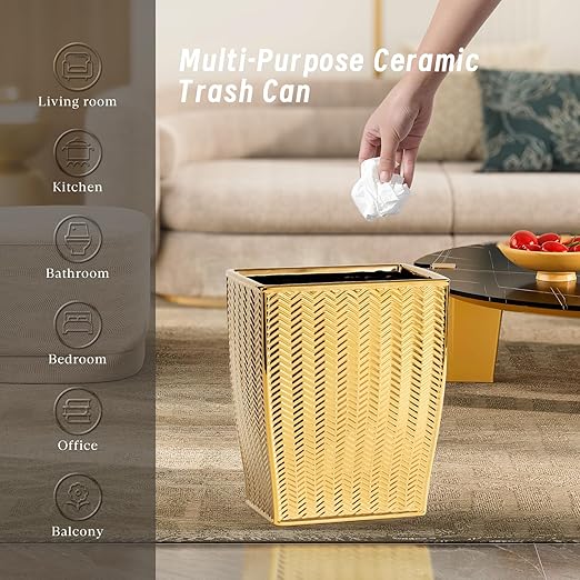 Bathroom Trash Can Stylish Garbage Container Bin for Living Room 1.32 Gallon/5 Liters Gold Small Trash Can Waste Basket for Bathroom Kitchen Office Bedroom-Room Decor