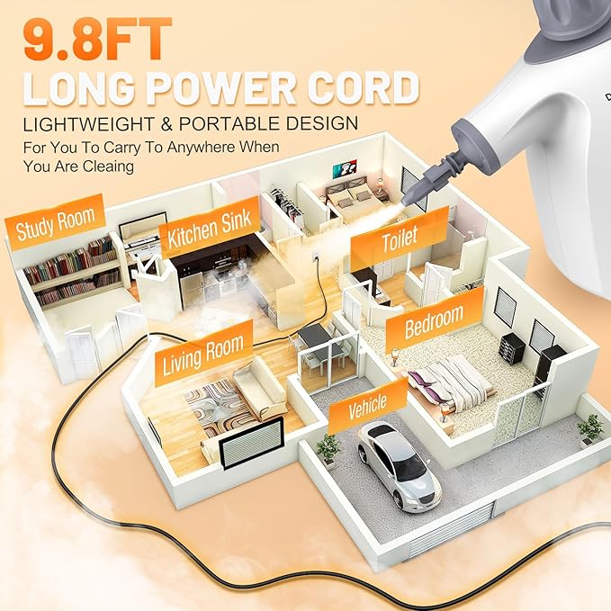 Multi-Surface Handheld Pressurized Steam Cleaner with 11-Pieces Accessories 15.2OZ Hands-free Portable Steamer for Cleaning Multipurpose Steam Cleaner for Home|Upholstery|Car|Floor|Grout|More