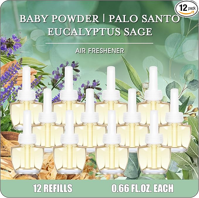 Plug In Air Freshener Refills Palo Santo Eucalyptus &amp Sage Baby Powder Scent - 12 Count 7.92 Fl Oz Fragrance for Home Bathroom Office Compatible with Air Wick &amp Glade Not Include Glad