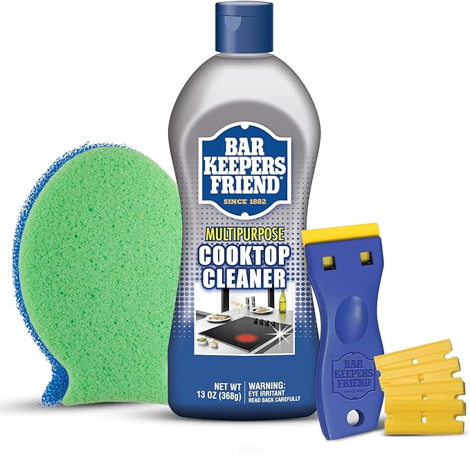 Bar Keepers Friend Cooktop Cleaner + Scraper + Dish Fish - Multipurpose Liquid Stovetop Cleanser Safe for Use on Glass or Ceramic Cooking Surfaces Copper Brass Chrome Stainless Steel &amp Porcel