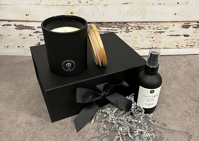 ROSBAS Gift Set Cinnamon Vanilla Scented Candle and Room Spray 7 oz Soy Wax Candle with Wooden Lid and 4 oz Spray Bottle Black Cotton Wick Air Freshener Gift Packaged Handmade in USA