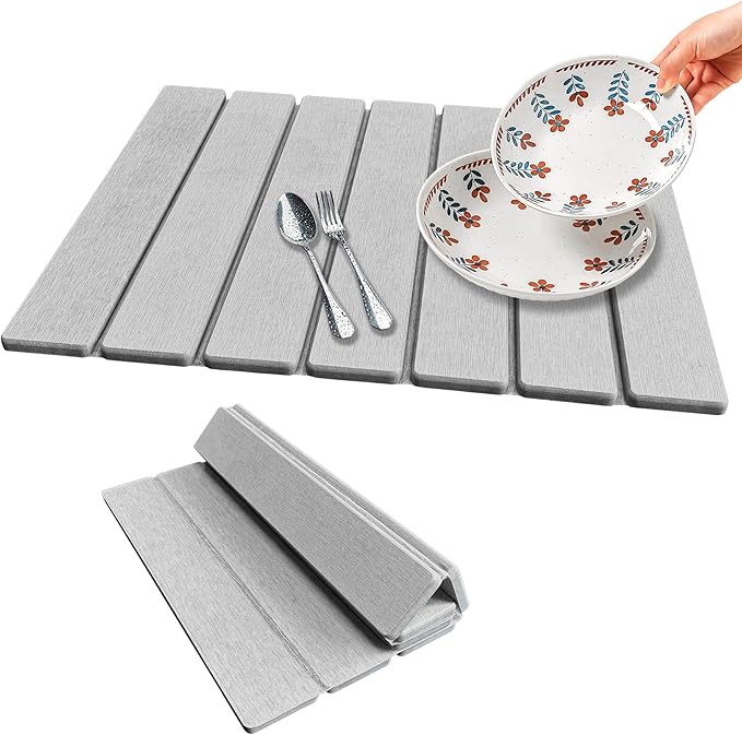 Stone Dish Drying Mat For Kitchen &amp Bathroom - Diatomaceous Earth Quick Dry Collapsible Non - Slip Pvc Rounded Corners 15.7 X 11.8 IN Absorbent Natural Material For Dishes Cups &amp More