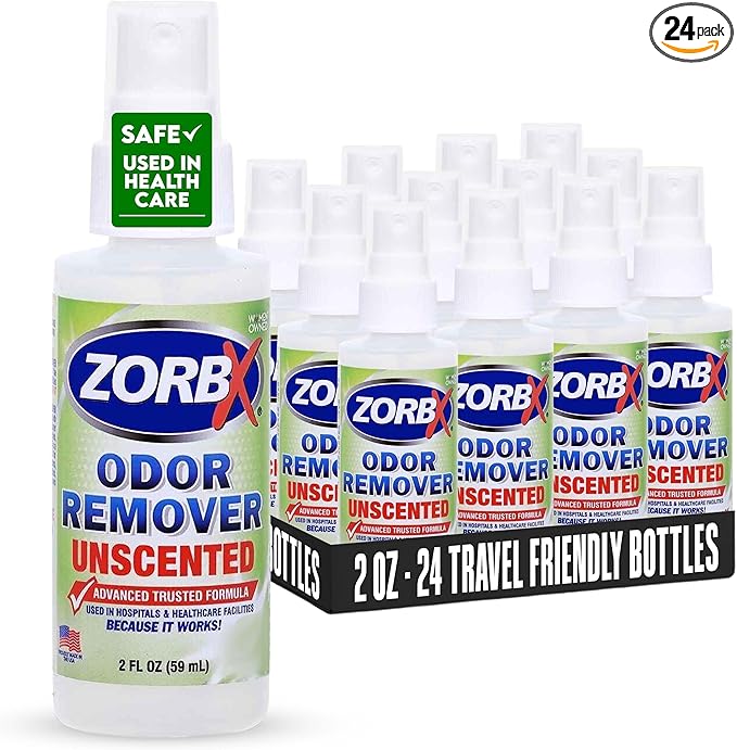 ZORBX Unscented Odor Eliminator for Strong Odor 2 Oz Pack of 24 - Used in Hospitals &amp Healthcare Facilities - Advanced Trusted Formula Fast-Acting Odor Remover Spray for Dog Cat House &amp Ca