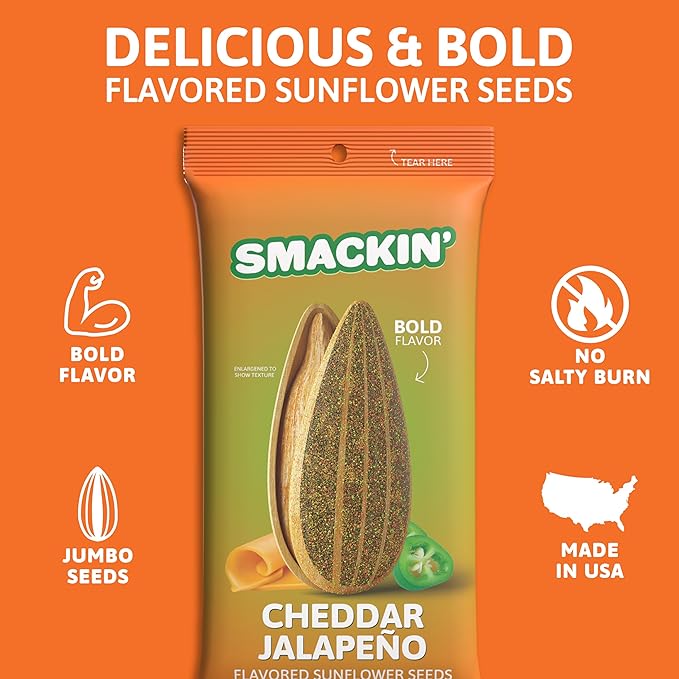 SMACKIN' Sunflower Seeds Roasted Jumbo Small-Batch American Made - Cheddar Jalapeño. 1.5oz bags (6 Pack)
