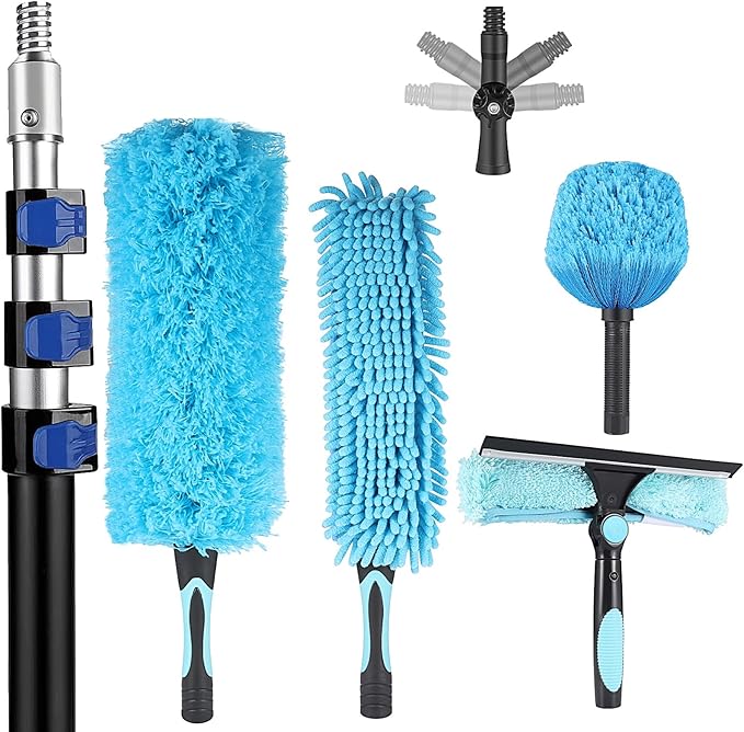 20 Foot High Reach Ceiling Duster Kit 3.6-12ft Extendable Pole with Cobweb DusterCeiling Fan DusterWindow Squeegee and Scrubber Microfiber Feather for Easy Cleaning Indoor &amp Outdoor