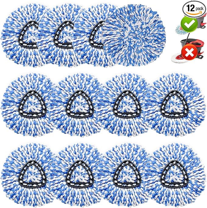 12 Pack Spin Mop Replacement HeadFit for Rinse Clean 2-Tank System Microfiber Mop Head Replacement Easy Wring MopRefill Mop Replace Head for Floor Cleaning