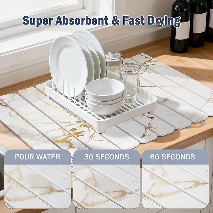 Stone Drying Mat for Kitchen Counter 24×16 White Marble Quick Dish Drying Mat with Sanding Pads Non-Slip Roll Up Absorbent Diatomaceous Earth Mat for Dishes Bottles Cups