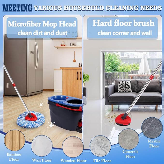 4 Pack Spin Mop Replacements Heads Microfiber Compatible with Oceda RinseClean 2-Tank System Includes 1 Gray Mop Scrub Brush 1 Mop Base 4 Easy Cleaning Mop Heads Blue Color