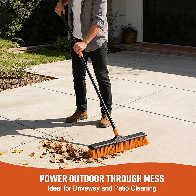 24”Push Broom Brush for Floor Cleaning with 65” Long Handle and Stiff Bristles Heavy Duty Brush for Shop Deck Garage ConcreteIndoor and Outdoor BroomOrange