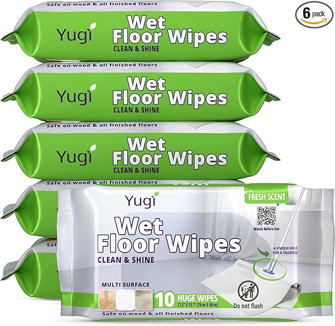 Yugi XXL Wet Floor Wipes For Squeegee StickMulti Surface Cleaning WipesFresh Aroma ScentHuge Disposable Wipes (27.5 x 15.7)Extra Thick(6 packs - 60 wipes)