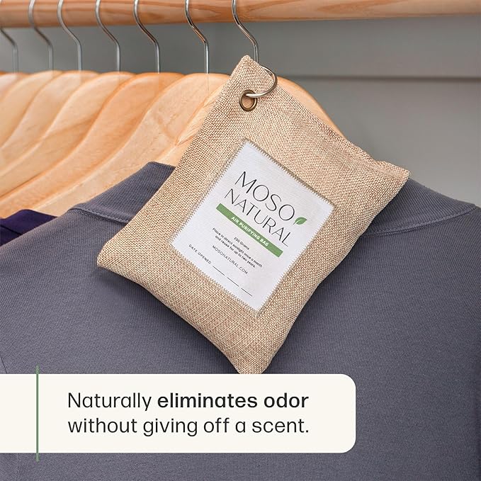 Moso Natural Air Purifying Bag 200g (4 Pack). A Scent Free Odor Eliminator for Cars Closets Bathrooms Pet Areas. Premium Moso Bamboo Charcoal Odor Absorber. Two Year Lifespan! (Natural Beige)