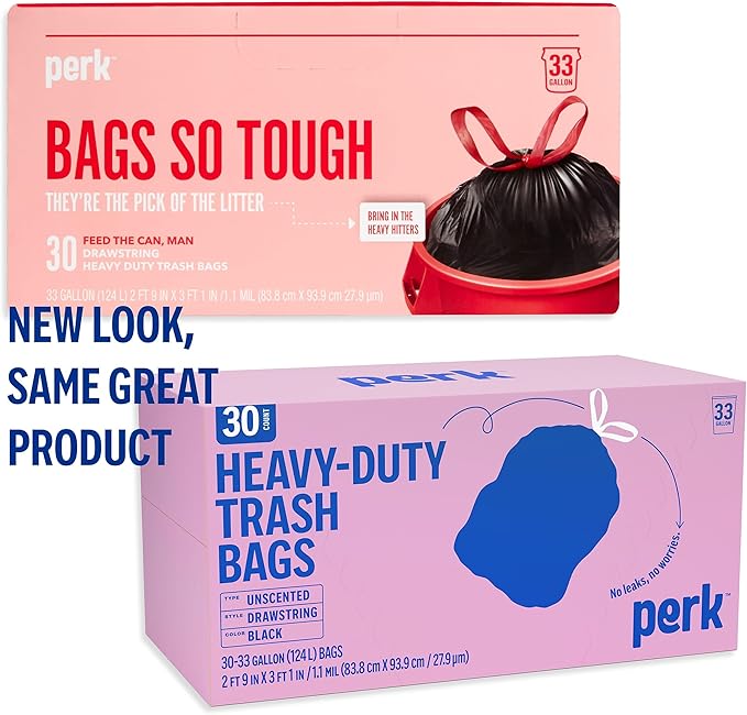 STAPLES PERK Black Kitchen Trash Bags 33 Gallon Garbage Can Liners Drawstring Closure Great for Home Office Classroom 30-Pack