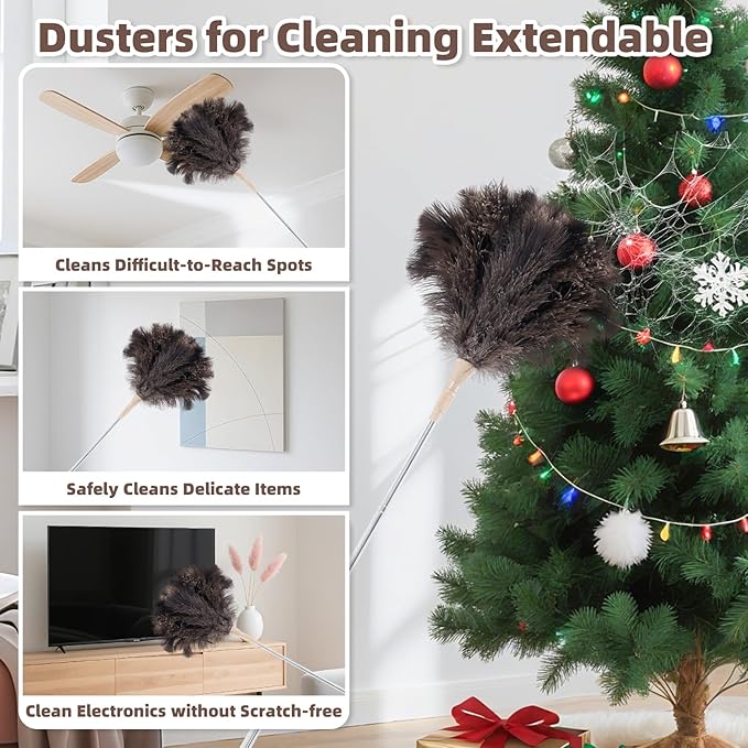 Ostrich Feather Dusters for Cleaning Kit - Reusable Soft Feather Duster Extendable to 49 inches for Cleaning Ceiling Fan High Ceiling Blinds &amp Retractable Small Duster for Keyboard Car