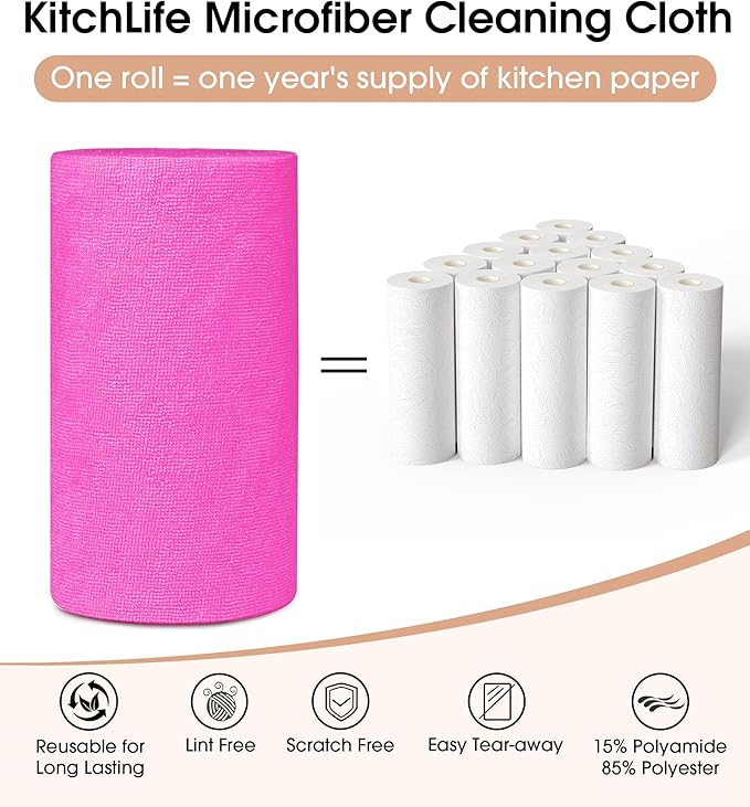 KitchLife Microfiber Cleaning Cloth Roll 100 Pack - Tear-Away Microfiber Paper Towels Lint-Free Reusable Washable for Kitchen Car Dishes and Sensitive Surfaces (Hot Pink)