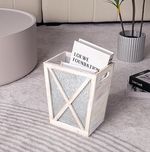 Small Wood Trash Can Wastebasket Decorative Barn Door Garbage Can Waste Basket Rustic Distressed Rectangular Trash Bin Farmhouse Wooden Storage Basket Waste Paper Bin (Whitewash)