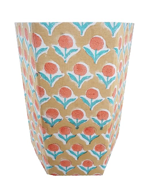 Floral Hand Block Printed 3.3 Gallon Decorative Waste Basket – Eco-Friendly Cardboard Trash Can Plastic-Free &amp Sustainable Perfect for Christmas and Housewarming Gifts (1 Yellow Blue FLOWAR)