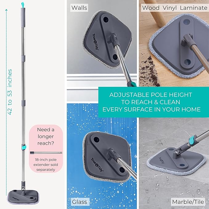 True &amp Tidy True Clean Spin Mop &amp Bucket System – Dual Compartment Design for Clean &amp Dirty Water 360° Swivel Mop Head Built-in Scrubbing Brush Stainless Steel Handle &amp 2 Reusable M