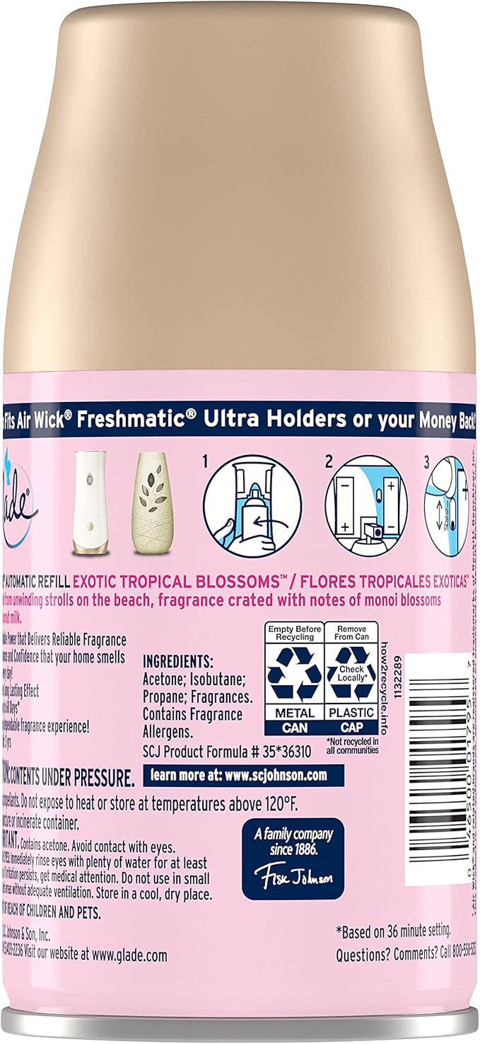 Glade Automatic Spray Refill and Holder Kit Air Freshener for Home and Bathroom Tropical Blossoms 6.2 Oz 2 Count (Pack of 2) Multicolor