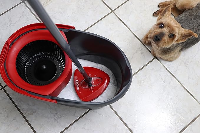 O-Cedar EasyWring Microfiber Spin Mop &amp Bucket Floor Cleaning System + 2 Extra Refills Red/Gray