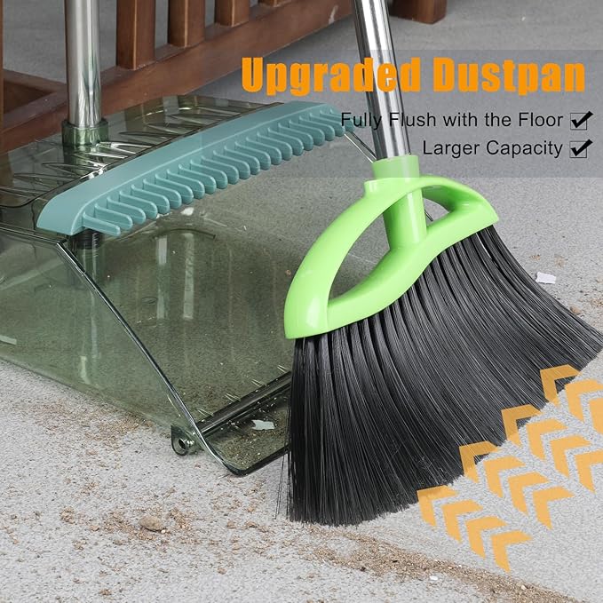 Soft Bristles Green Angle Broom and Dustpan Set Long Handle Household Indoor Broom with Dustpan Combo Set for Room Kitchen Lobby Office Hardwood Floor Sweeping Floor Cleaning