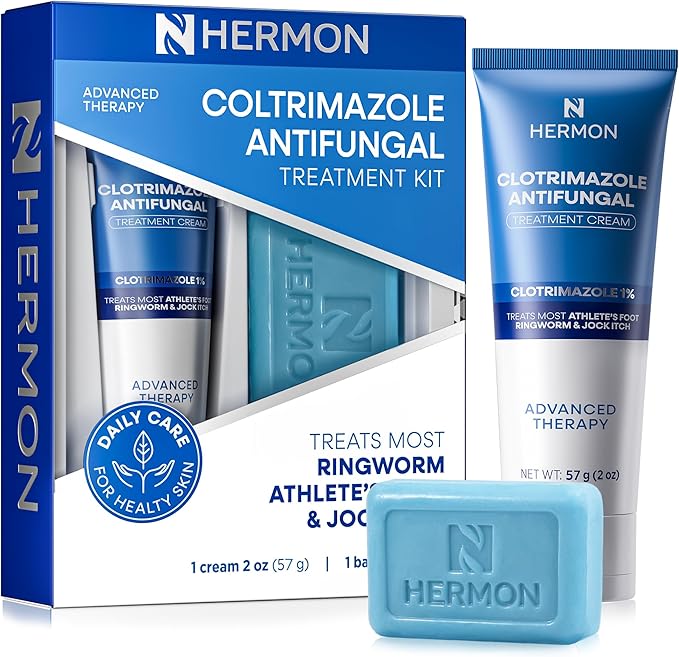 Hermon Clotrimazole Antifungal Treatment Cream &amp Soap Kit: Antifungal Cream for Athletes Foot Jock Itch Ringworm with Anti Fungal Soap - Relieves Itching Burning Cracking - 57g Tube / 113g Bar
