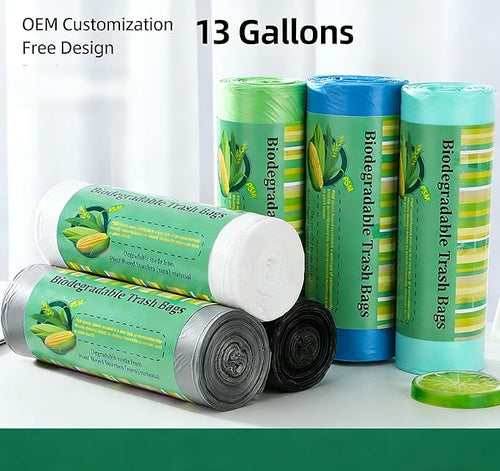 13 Gallon Biodegradable Trash Bags - 60x80cm Cornstarch Garbage Bags Heavy Duty &amp Leak-Proof Eco-Friendly Cleanup Bags for Kitchen Office Outdoor (5-Pack / 75 Counts Total)
