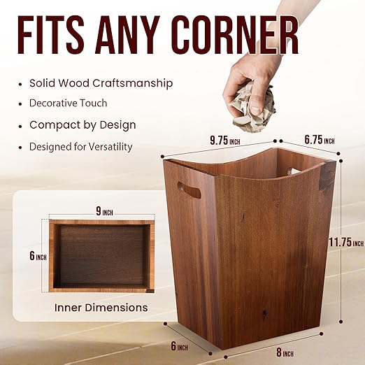 Wood Waste Basket 2 Gallon Rectangular Trash Can with Handles Water-Resistant Lacquer Finish Compact for Bathroom Bedroom Office