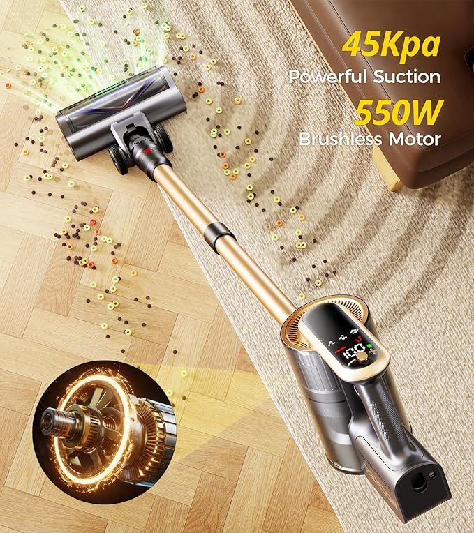 RENDOW Cordless Vacuum Cleaner 550W 45Kpa 65Mins Vacuum Cleaners for Home Self-Standing Cordless Stick Vacuum with LED DisplayAnti-Tangle Rechargeable Wireless Vacuum for Pet Hair/Carpet/Hard Floor