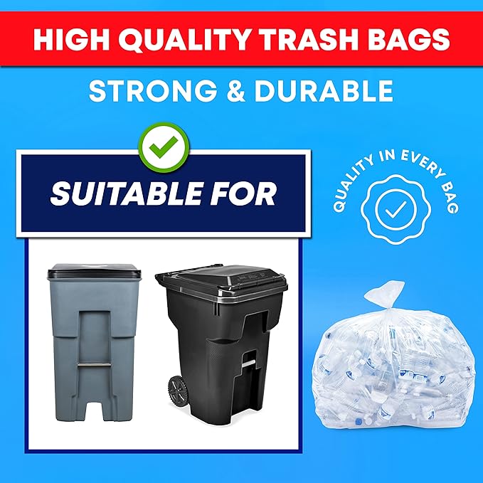 Veska 95 Gallon Trash Bags Clear (Huge 25 Count w/Ties) 95-96 Gallon Extra Large Garbage Bags Clear Recycling Trash Bags 90 Gallon