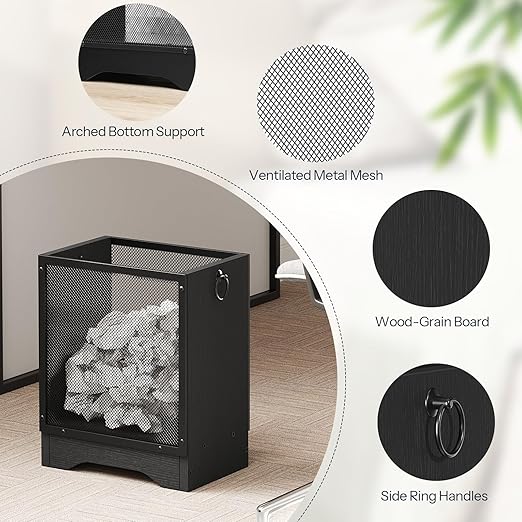 HOOBRO Industrial Trash Can 4.5 Gallon Metal Mesh Waste Basket with Wooden Base Small Garbage Can for Office Bedroom Under Desk Black BB06LJ01