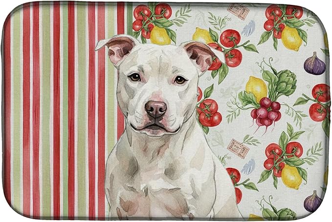 Caroline's Treasures White Staffordshire Bull Terrier Vegetables Dish Drying Mat Absorbent Dish Drying Mat Pad for Kitchen Counter Dish Drainer Mat for Countertop 14 x 21 Multicolor