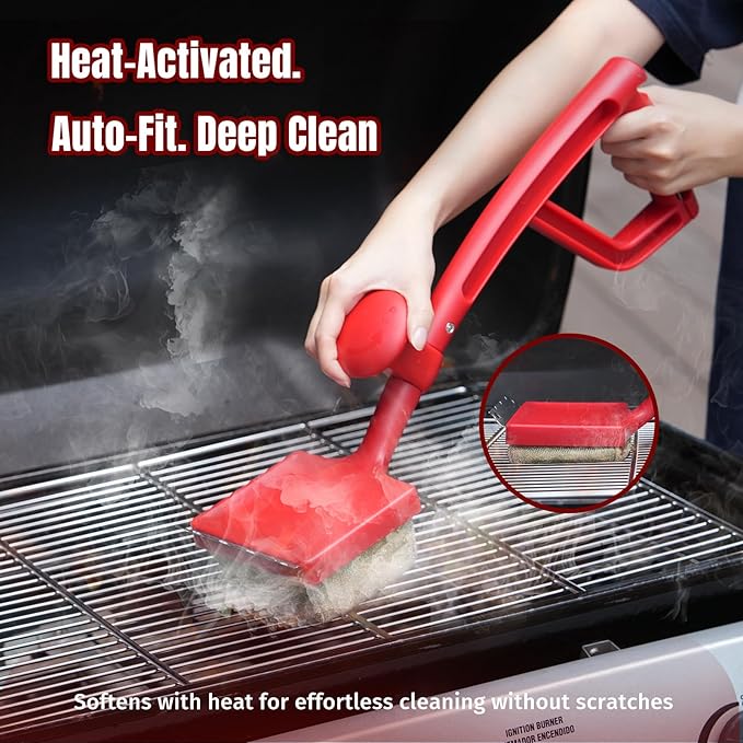 Grill Brush Bristle Free with Aramid Fiber - 600°F Heat Resistant Steam Cleaning Brush Dual Handle BBQ Grill Cleaning Brush with Scraper Replaceable Head for Outdoor Grill Weber Traeger Grates