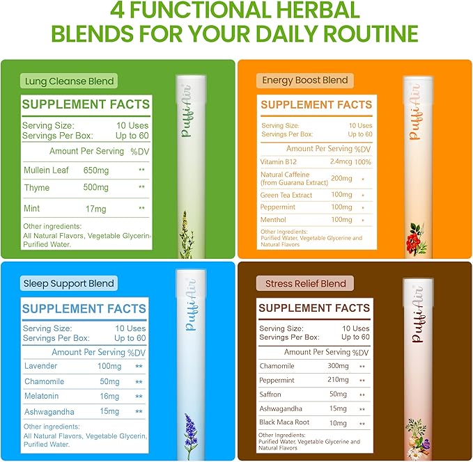 PUFFIAIR Herbal Diffuser Pen 4 Pack Clean Botanical Aromatherapy Diffusers Four Aroma Variety Set Cool Mint &amp Herbal Scents Smooth Daily Experience Up to 600 Uses Each