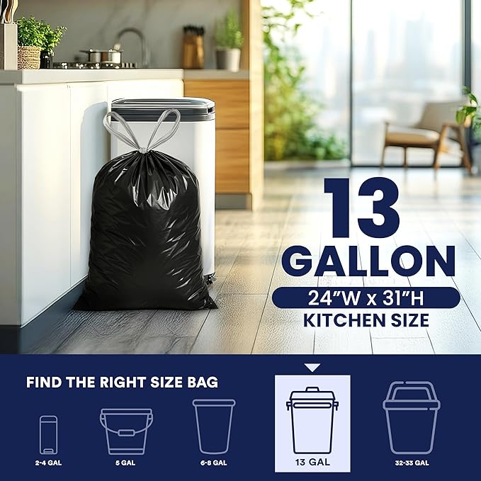 Plasticplace 13 gallon Extra Tall Drawstring Kitchen Trash Bags | Black 1.2 Mil 24W x 31H (200Count)