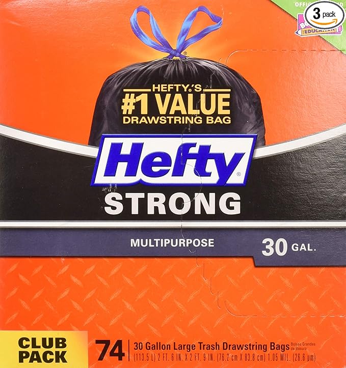 Hefty Strong Large Trash Bags 30 Gallon 74 Count (Pack of 3) 222 Total