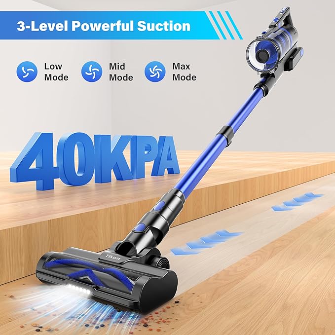 Tikom Cordless Vacuum Cleaner for Home 450W/40000pa Stick Vacuum Anti-Tangle Lightweight Handheld Vacuum for Hard Floor Pet Hair V700