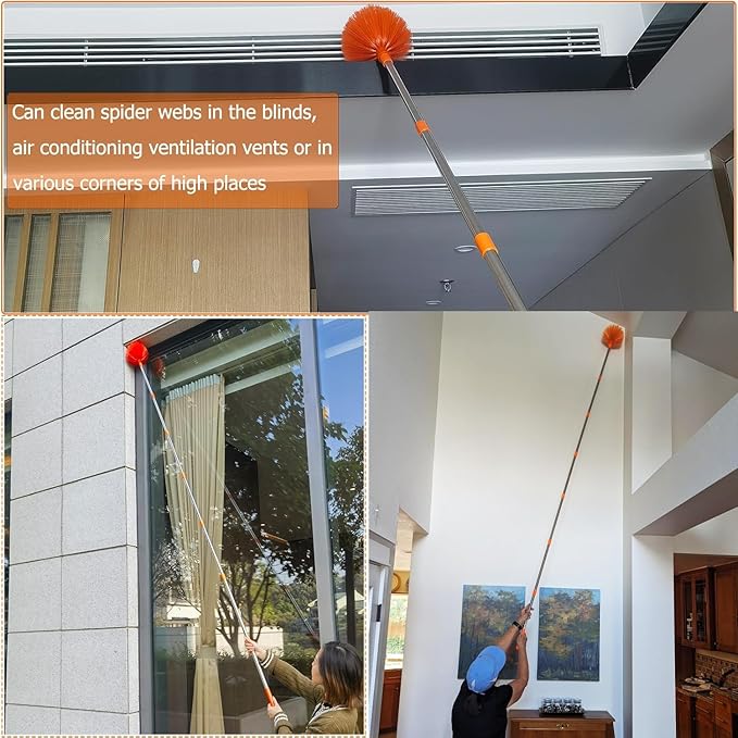 20+ Feet High Reach Dusting Kit with 3-14 ft Extension Pole //2 in 1 Window Cleaning Kit // High Ceiling Duster // Cobweb Microfiber Duster // Outdoor &amp Indoor Extendable Duster Cleaning Kit