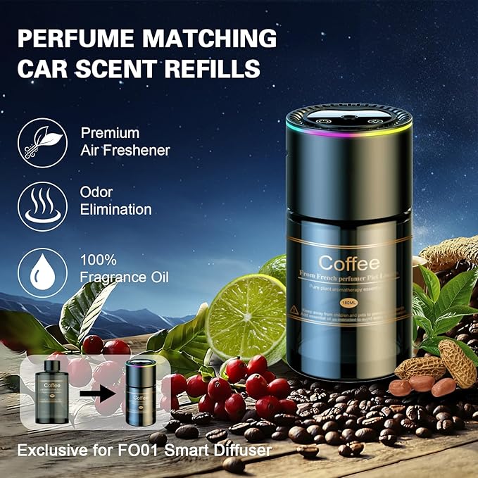 Smart Car Air Freshener Diffuser - 270-Day Long-Lasting Essential Oil (6.09oz/180ml) Auto On/Off Sensor Ultrasonic Dual Modes Multi-Mode Adjustable Natural French Fragrance Oils Coffee ﻿