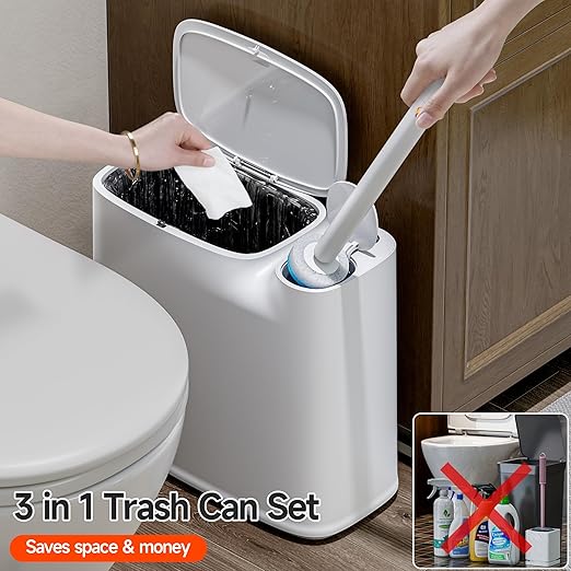 CTIME Bathroom Trash Can Set - Narrow White Plastic Small Trash can a Toilet Wand Toilet Brush Holder and 36 Refills 2 Gallon Trash can with pop-up lid Suitable for bathrooms and Small Toilets.