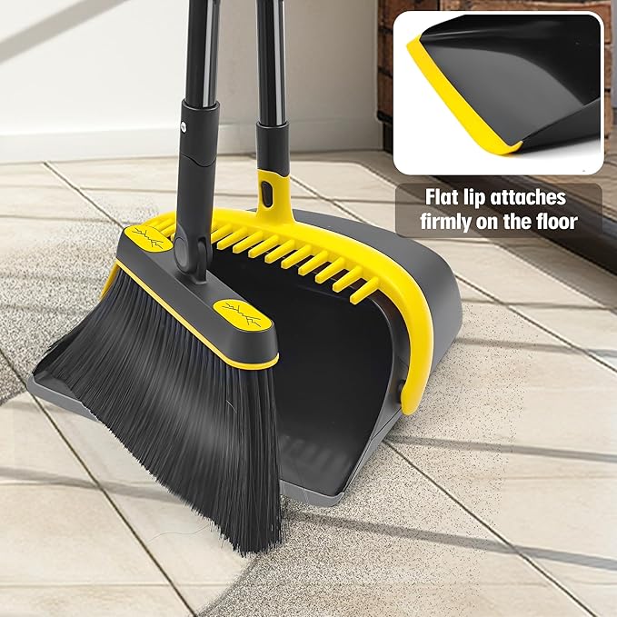 JEHONN Broom and Dust Pan 54.3 inches Long Handle Swivel Brush Upright Foldable Dustpan with Comb Teeth for Home Kitchen Lobby Indoor Floor Cleaning (Black &amp Yellow)