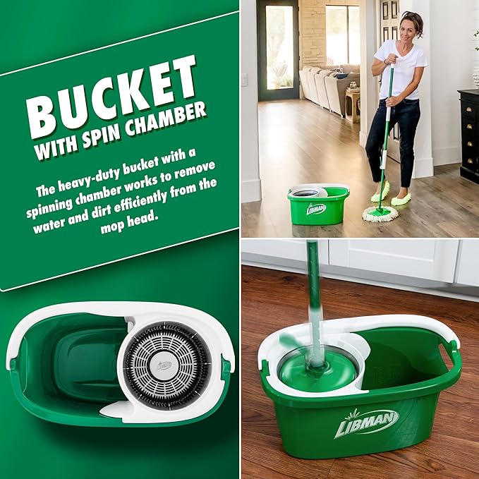 Libman Tornado Spin Mop System with Refill Heads Microfiber Spinning Mop and Bucket with Wringer Set for Home Floor Cleaning of Hard-Wood Laminate Tile All Surface Cleaner