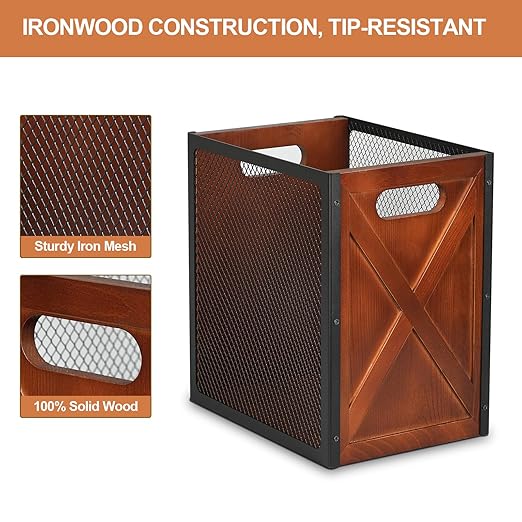 Rustic Office Trash Can - Rectangular Waste Basket with Iron Mesh 4.5 Gallon Wooden Garbage Can Bathroom Garbage Bin with Handles Decorative Trash Can for Home Office Bedroom