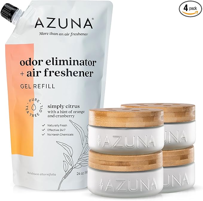 Azuna Air Freshener &amp Odor Eliminator for Strong Odor | 4 Room Kit Includes (4) Empty Luxe Glass Jar &amp 24oz Gel Refill with Tea Tree Essential Oil | Simply Citrus | Last 60-90 Days