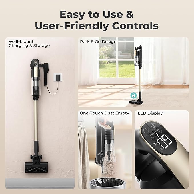 Candy Cordless Vacuum Cleaner65Mins Stick Vacuum Cleaners for Home400W/190AW Powerful SuctionAnti-TangleLED DisplaySelf-StandingOne-Click CleanHandheldHardwood Floor/Carpet/Pet HairCVS30