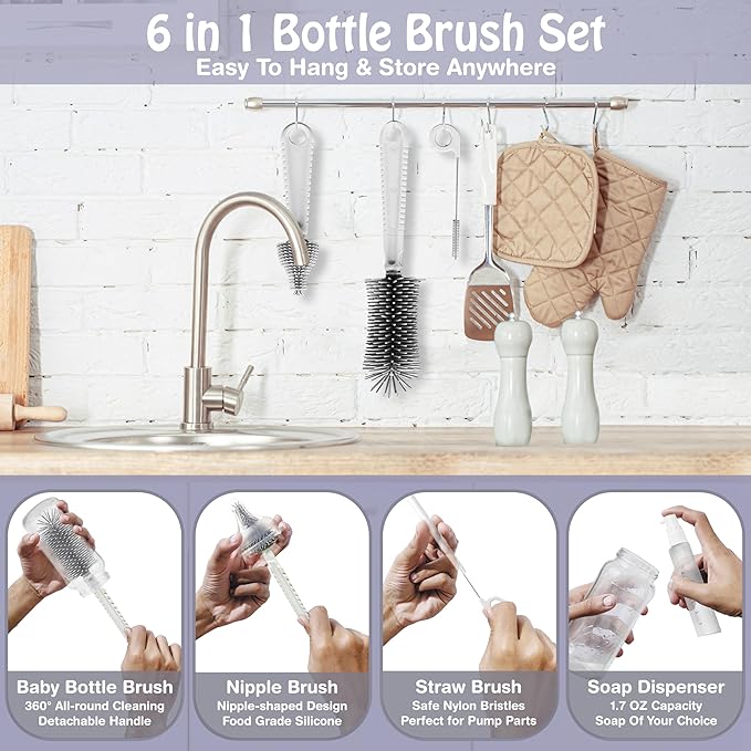 Baby Bottle Brush6 in 1 Bottle Cleaner Brush Kit with Extendable Silicone Bottle Brush Drying Rack Nipple Brush Straw Brush Soap Dispenser &amp Organizer Case Ideal Gifts for Babies &amp Moms