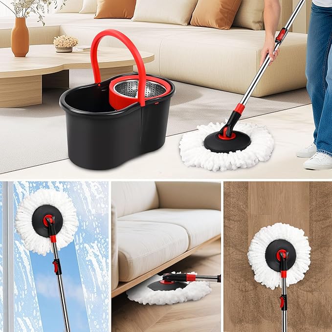 Spin Mop and Bucket Mop and Bucket with Wringer Set for Home 360 Spinning Mop Bucket Floor Cleaning Tool with One Microfiber Mop Replacement Head Refills50 Extended Handle for Floor Cleaning Home
