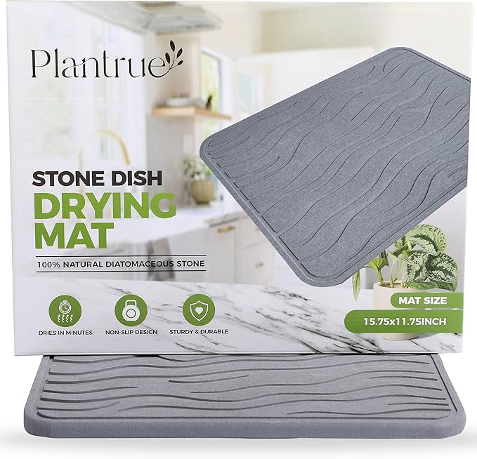 Stone Dish Drying Mat for Kitchen Counter - Super Absorbent Fast Drying Diatomaceous Earth Prevents Water Build-Up Non-Slip &amp Heat Resistant 15.75 X 11.75 Dark Gray