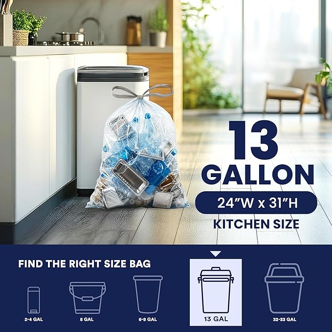 Plasticplace 13 Gallon Trash Bags │ 1.0 Mil │ Clear Extra Tall Drawstring Garbage Can Liners │ 24 x 31 (200 Count)