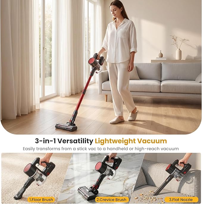 NEWBULIG Cordless Vacuum Cleaner Powerful Stick Vacuum with Flexible Steering &amp Extendable Pole3 Brush Heads 35Mins Runtime Lightweight Wireless for Hardwood Floors &amp Carpet Pet Hair Wal
